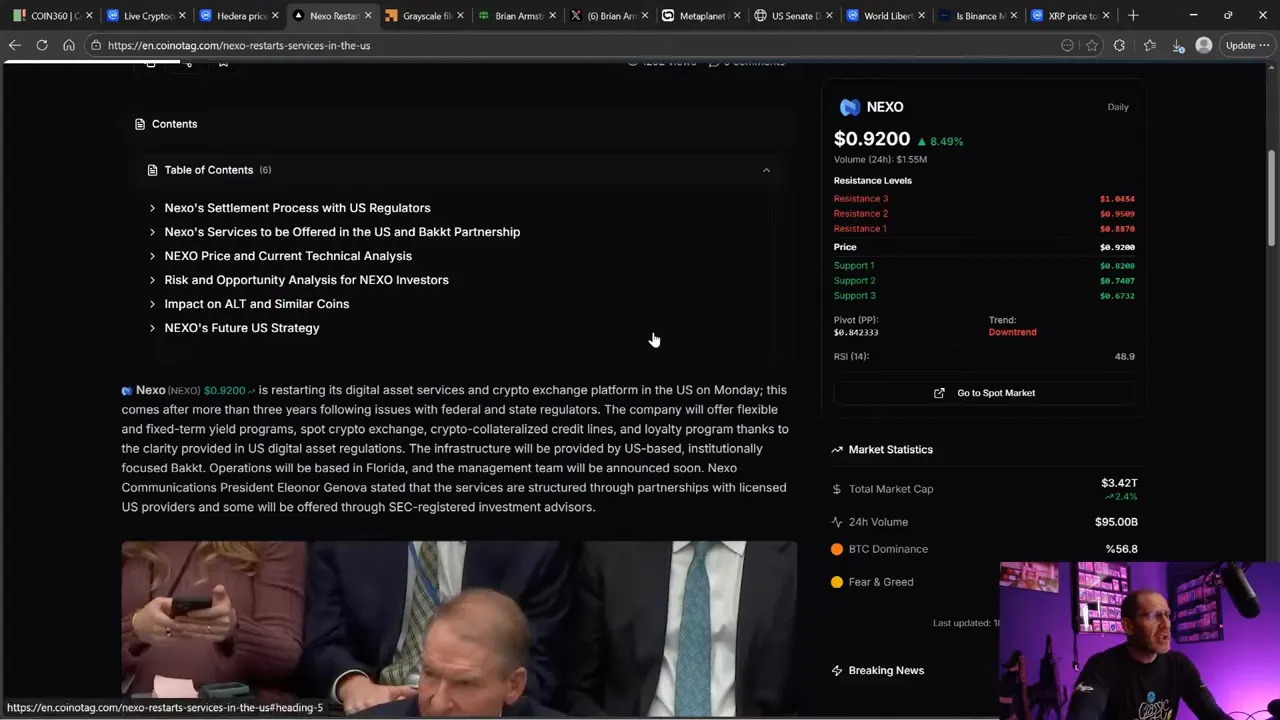 High-clarity screenshot of Coinotag story on Nexo restarting US services with NEXO price widget visible