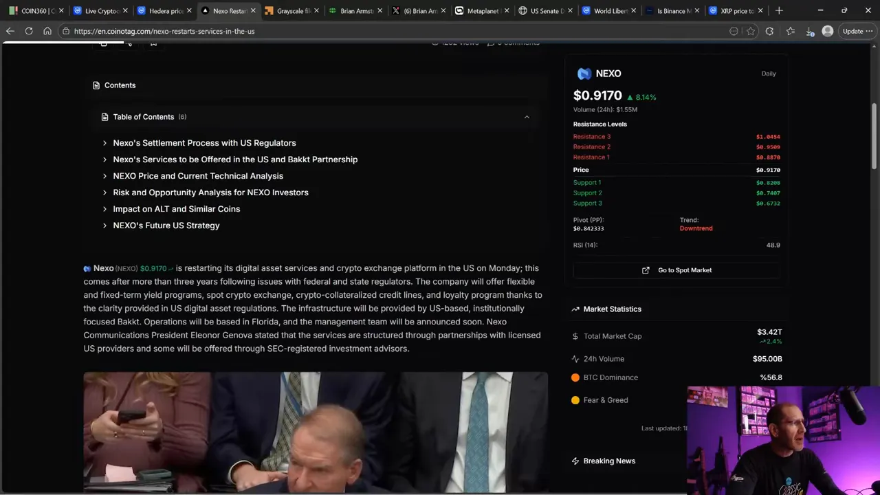 Clear browser screenshot of a Coinotag article about Nexo restarting U.S. services with NEXO price dashboard visible