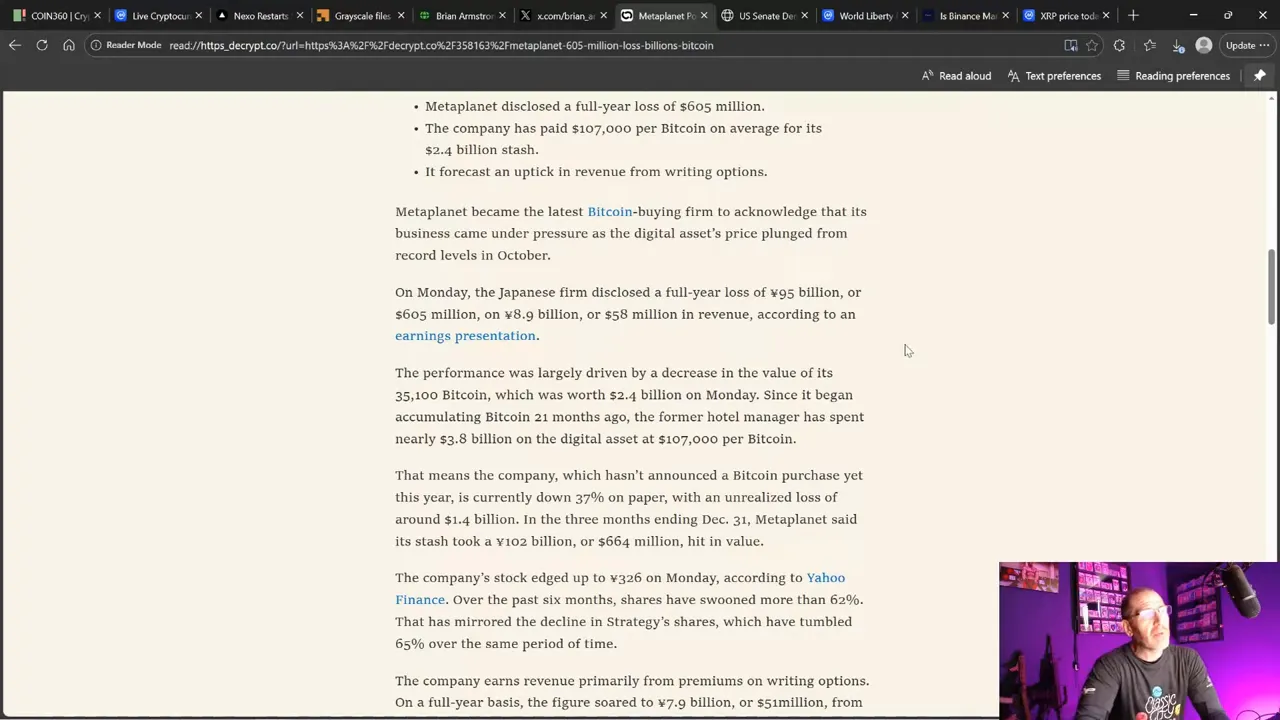 High-clarity screenshot of a news article describing Metaplanet's full-year bitcoin loss with small presenter inset in bottom-right