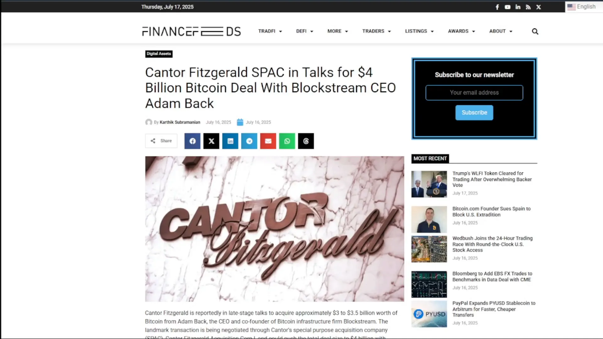 Cantor Fitzgerald Bitcoin deal headline