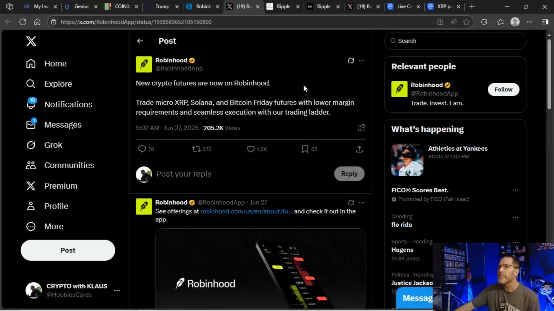 Robinhood announcement of micro futures for XRP, SOL, and BTC