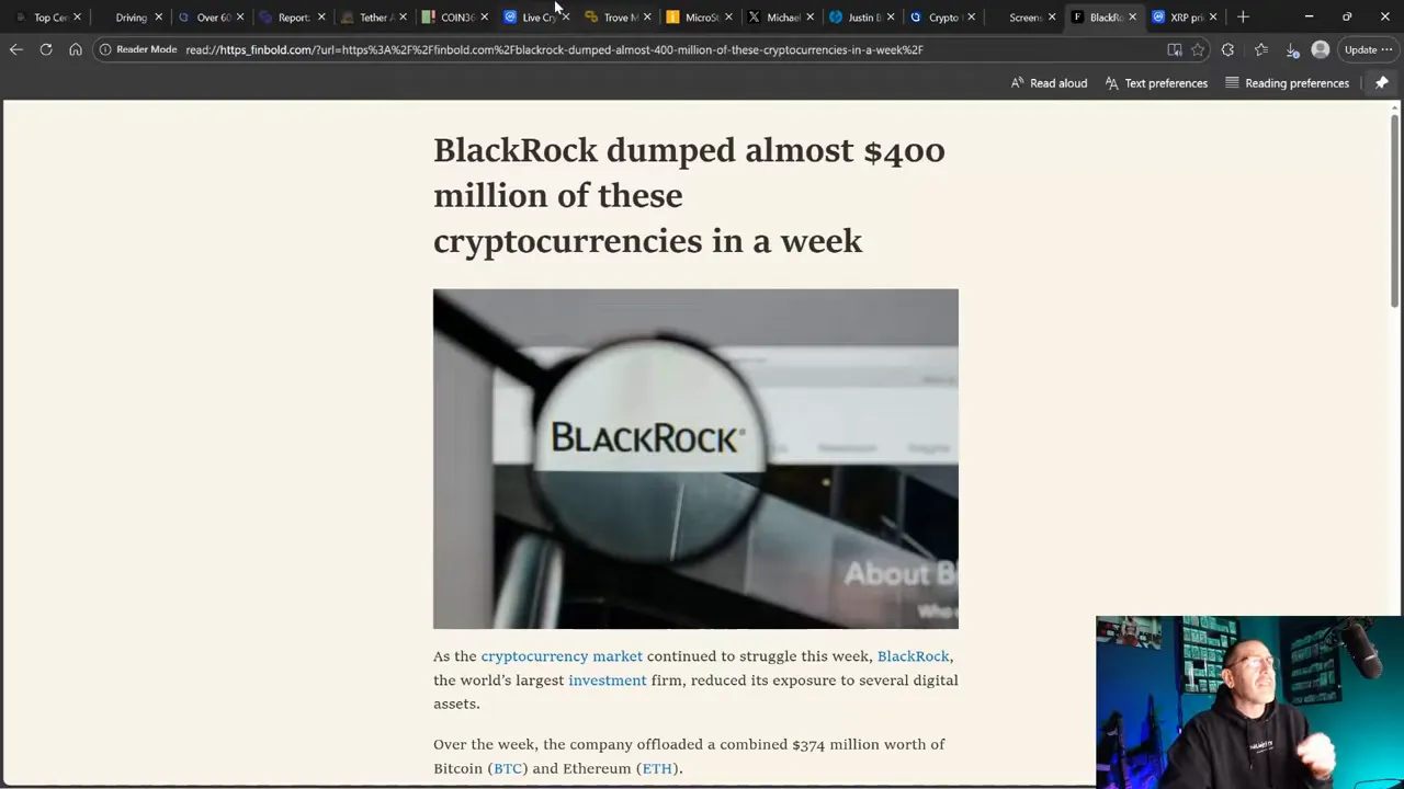 Web article screenshot with headline 'BlackRock dumped almost $400 million of these cryptocurrencies in a week', magnifying glass on BlackRock logo and presenter inset