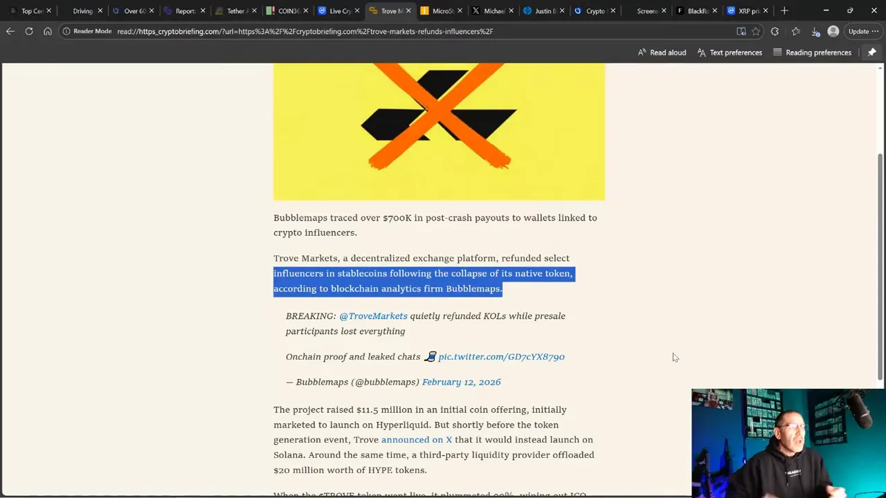Clear screenshot of an article highlighting text about Trove Markets refunding influencers in stablecoins, with presenter inset visible.