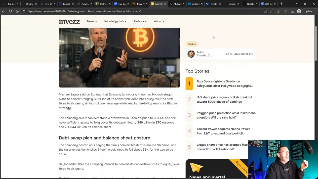 Crisp screenshot of an online article titled about a convertible debt-for-equity plan, with a Bitcoin logo image and a small presenter window in the corner.