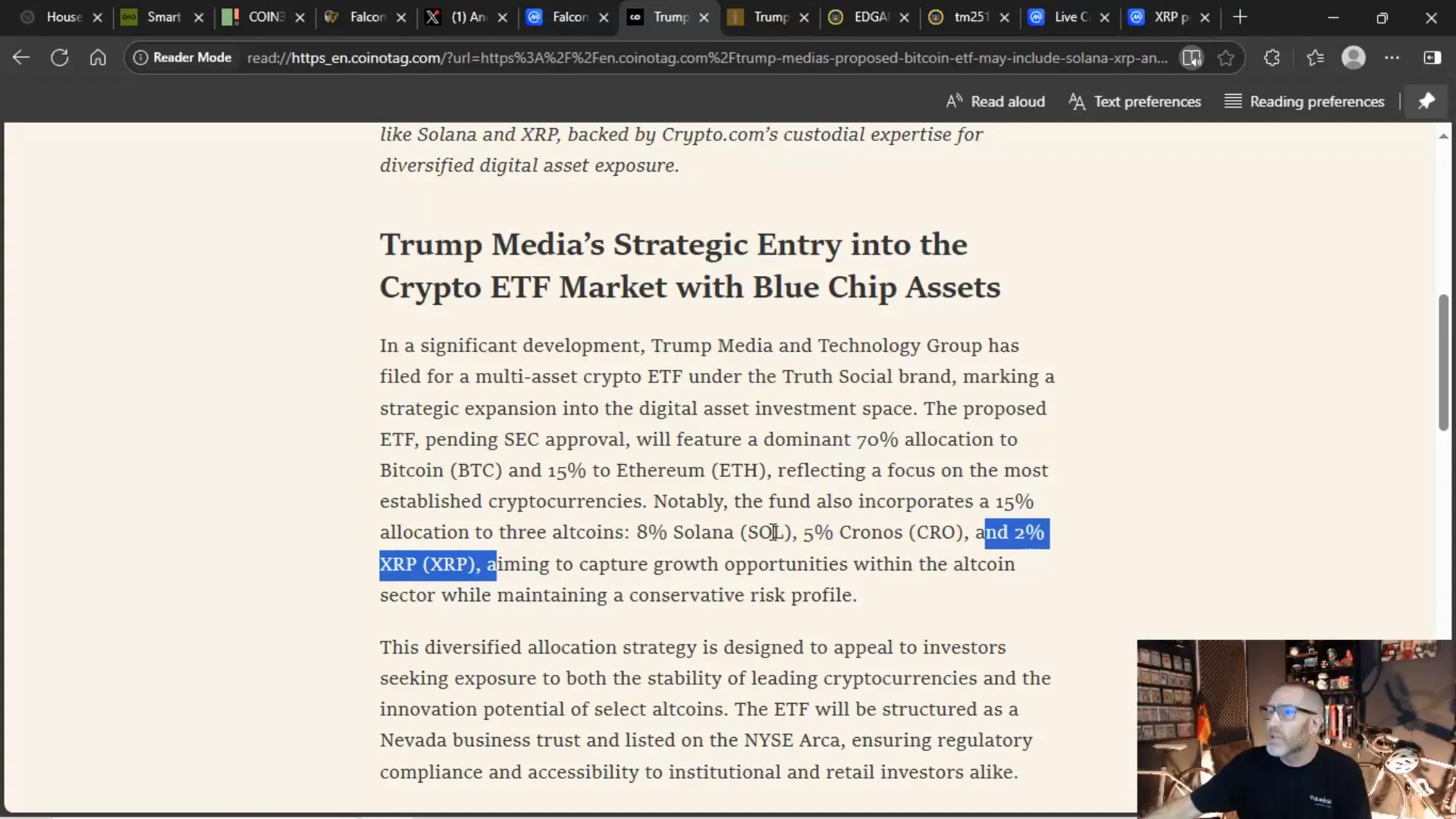 ETF allocation breakdown showing Bitcoin, Ethereum, Solana, Cronos, and XRP percentages