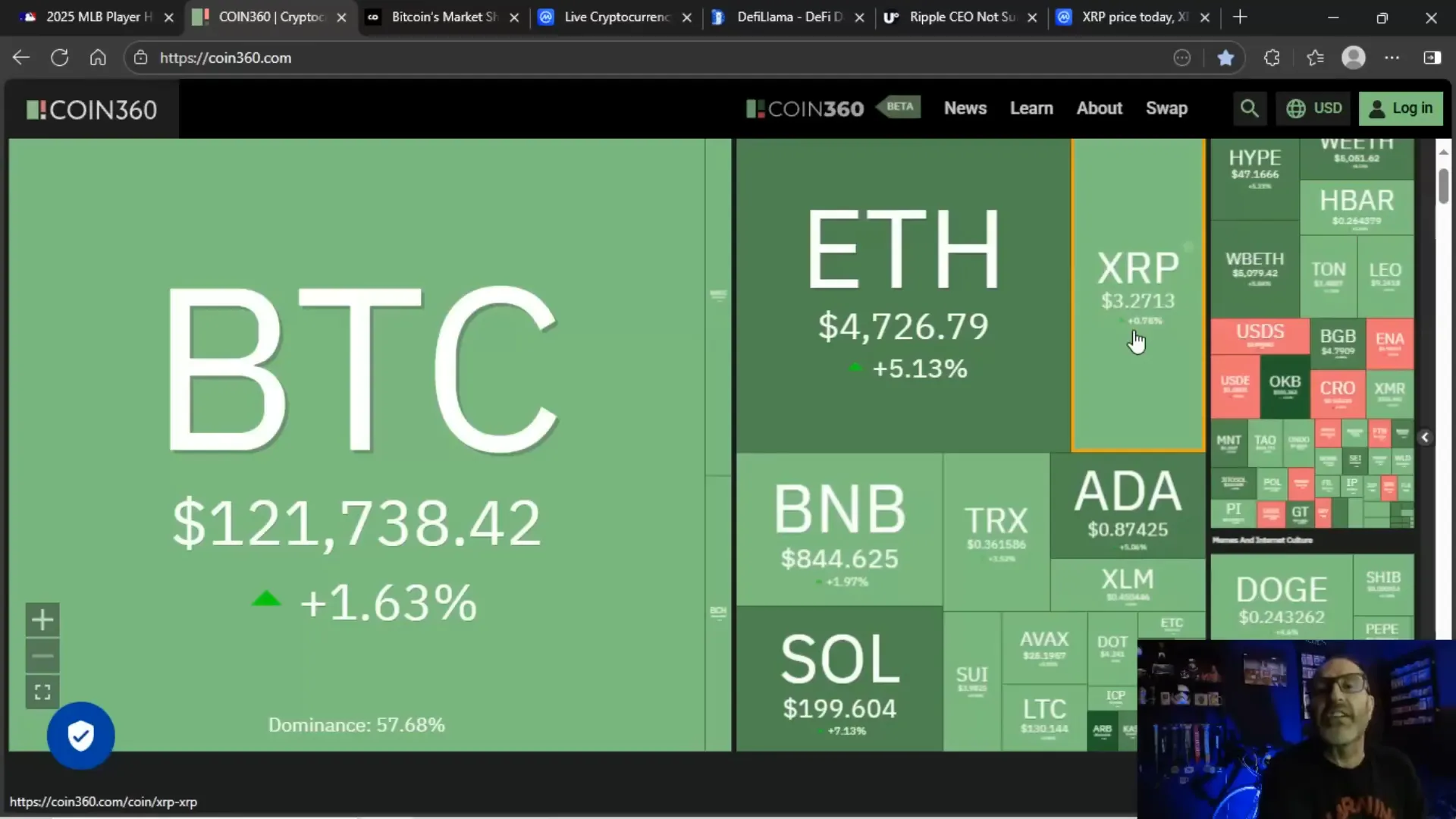 Price action screen showing Bitcoin, ETH, XRP prices
