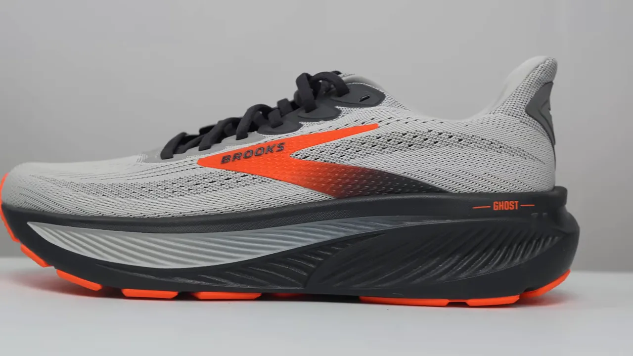 Side view of Brooks Ghost 17 showing midsole, outsole tread and upper mesh