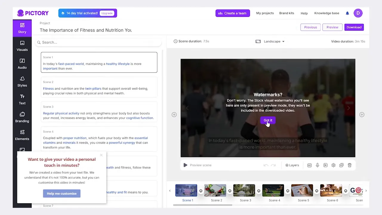 Voiceover and audio settings with AI voices displayed