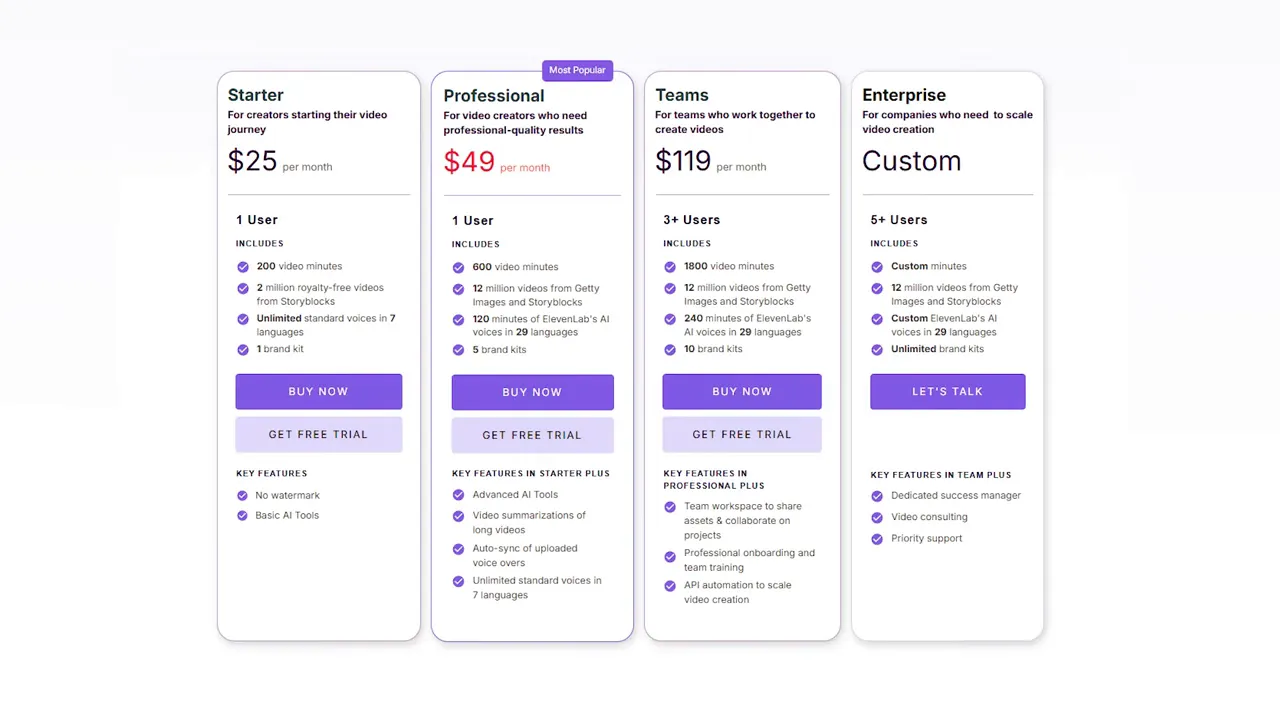 Pricing table showing Starter, Professional, Teams, Enterprise