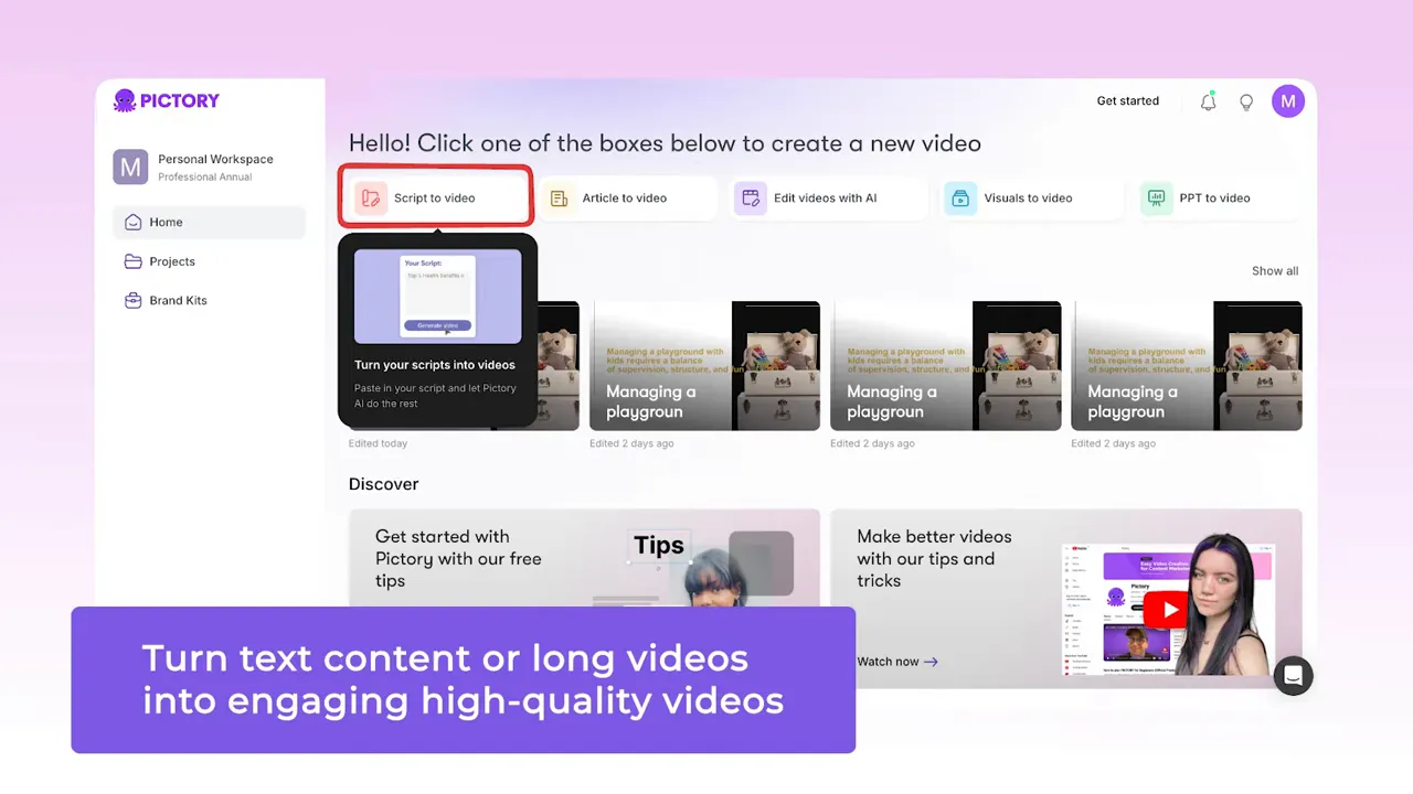 Pictory AI home screen and onboarding