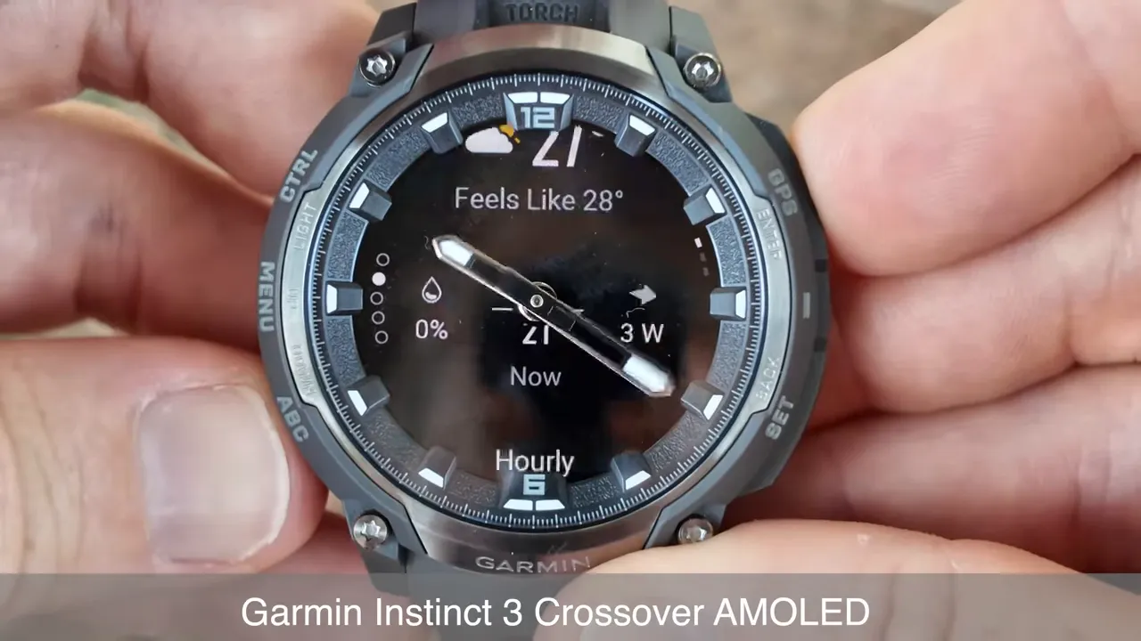 Close-up showing the real analog hands on the Garmin Instinct 3 Crossover AMOLED