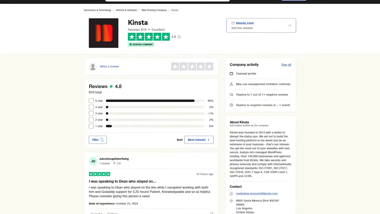 Trustpilot score and user feedback for kinsta