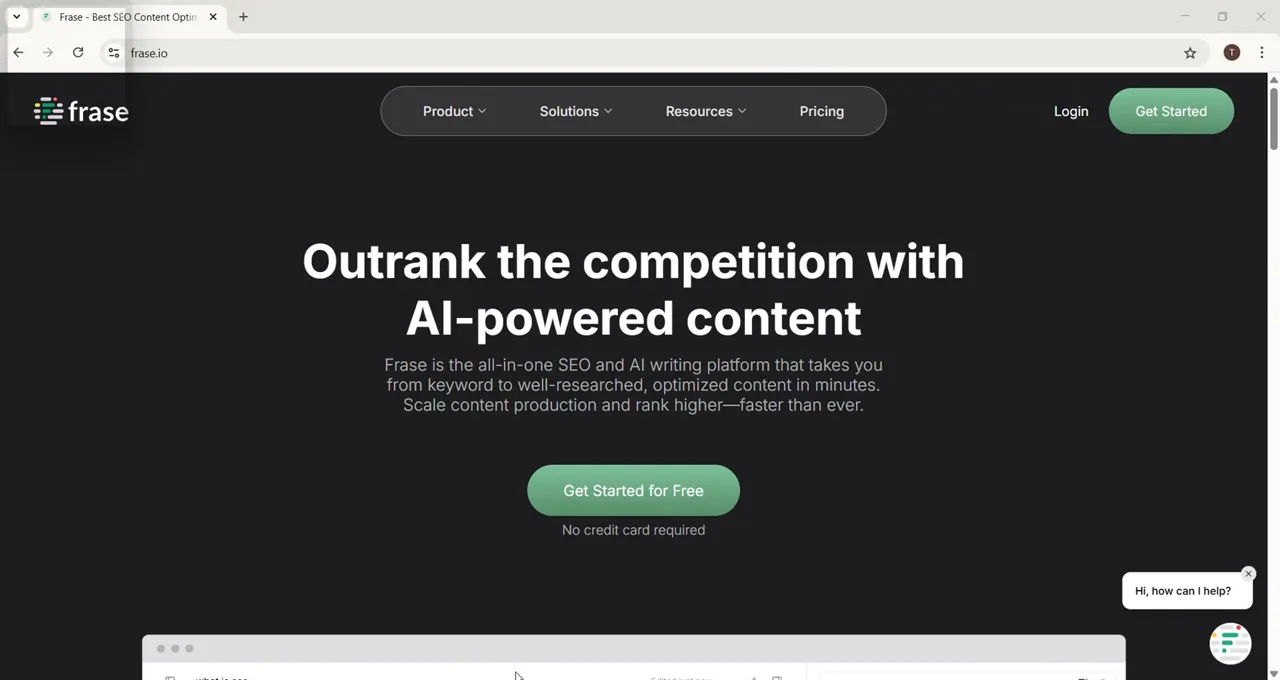 Frase IO landing page showing AI-powered content tool banner