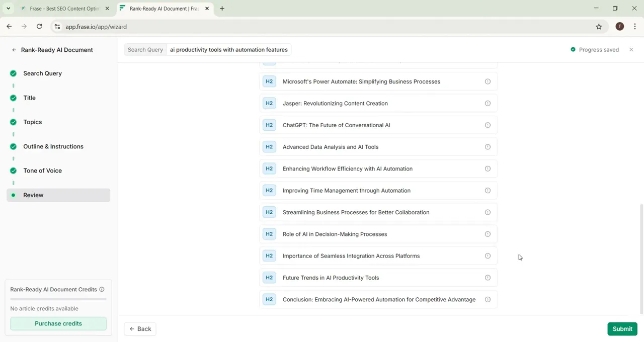 Frase IO submitting for AI generation: 'crafting your article with rank-ready AI'