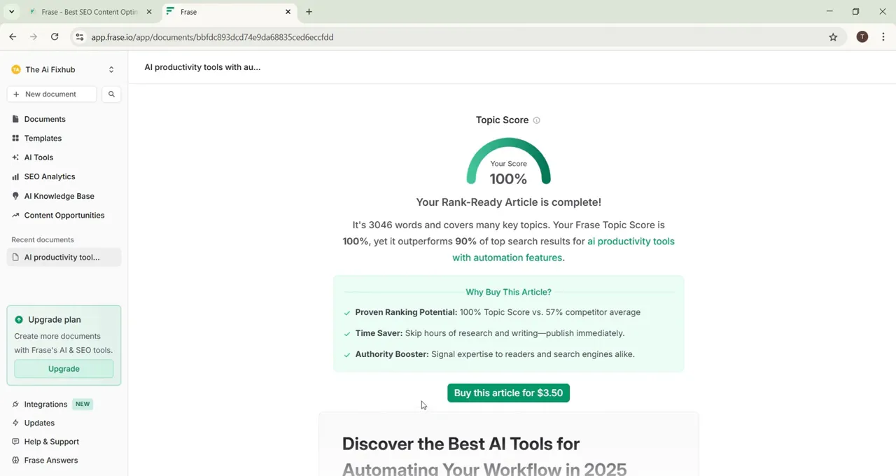 Frase IO final output: article complete and offering to buy the article