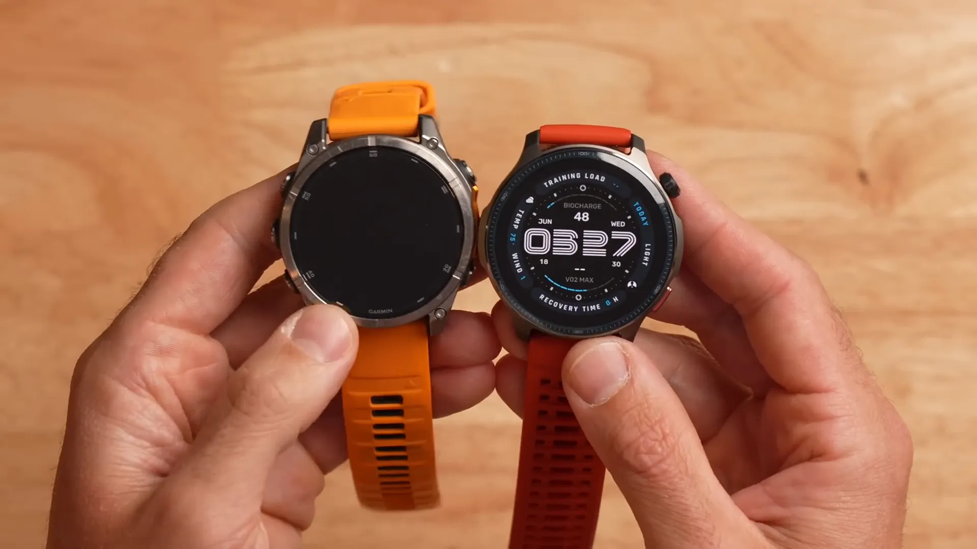 Amazfit Balance 2 next to Garmin and Apple Watch for size comparison