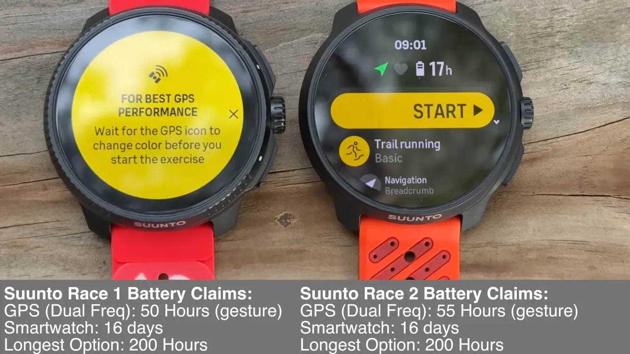 Suunto Race 2 close-up showing battery life claims