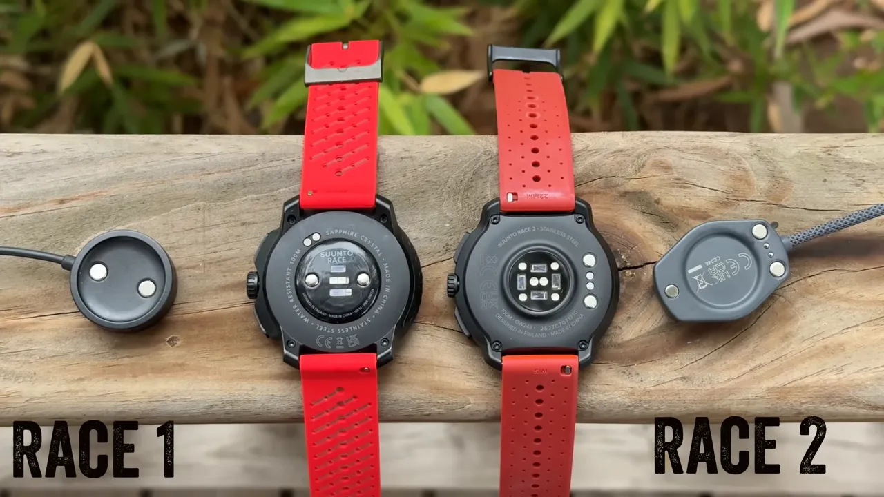 Close-up of Suunto Race 2 charging connector with four pins