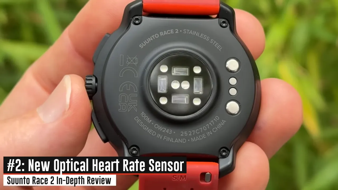Back view of Suunto Race 2 showing new optical heart rate sensor