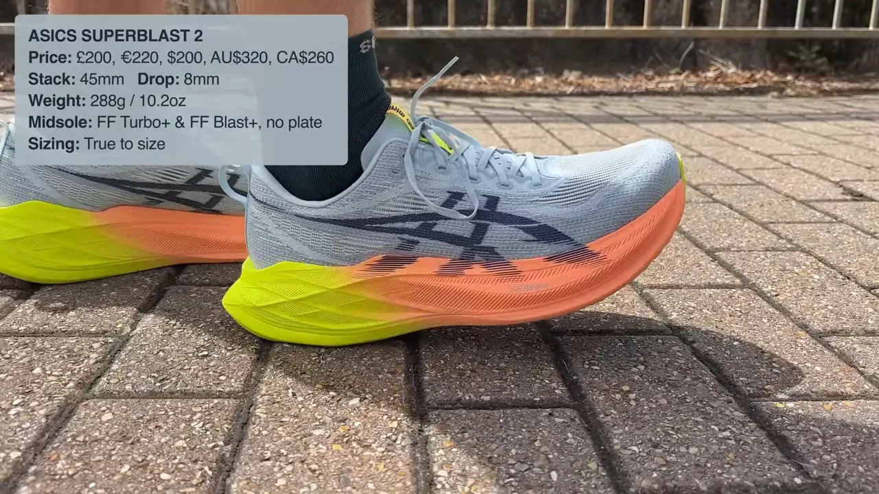 close side view of Asics Superblast 2 showing orange and yellow midsole and FF Turbo+ foam with specs overlay