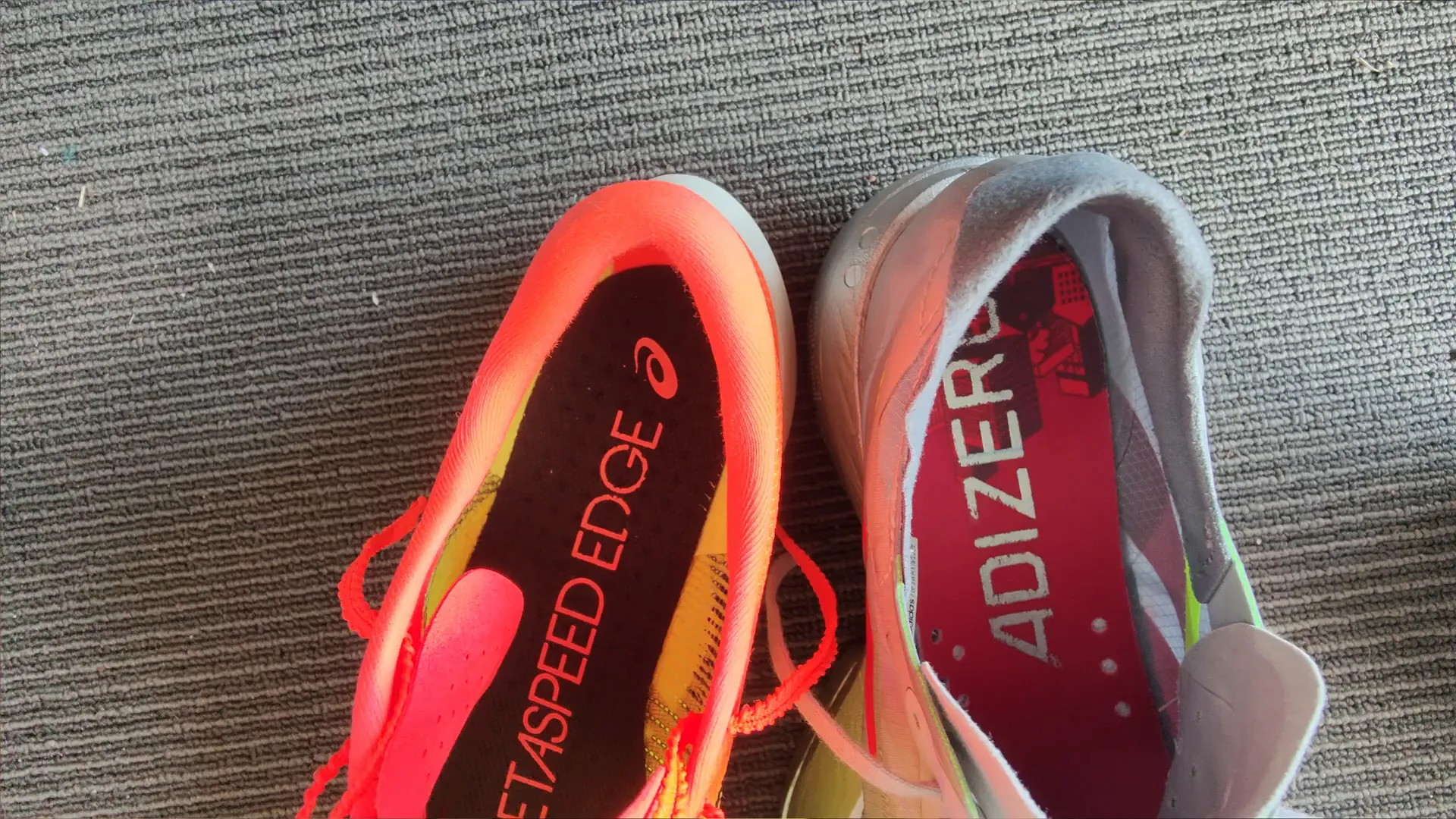 Upper material comparison of Adizero Adios Pro 4 and Metaspeed Sky Edge Paris
