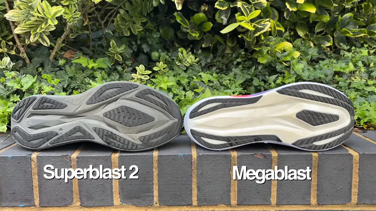 Outsole pattern comparison pointing out reduced rubber in Megablast