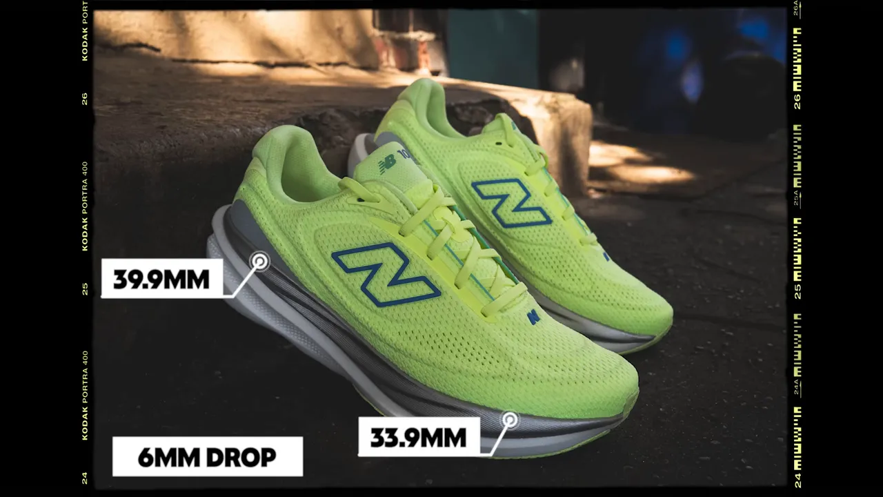 Neon New Balance 1080 v15 pair with graphic callouts showing 39.9mm heel, 33.9mm forefoot and a 6mm drop.