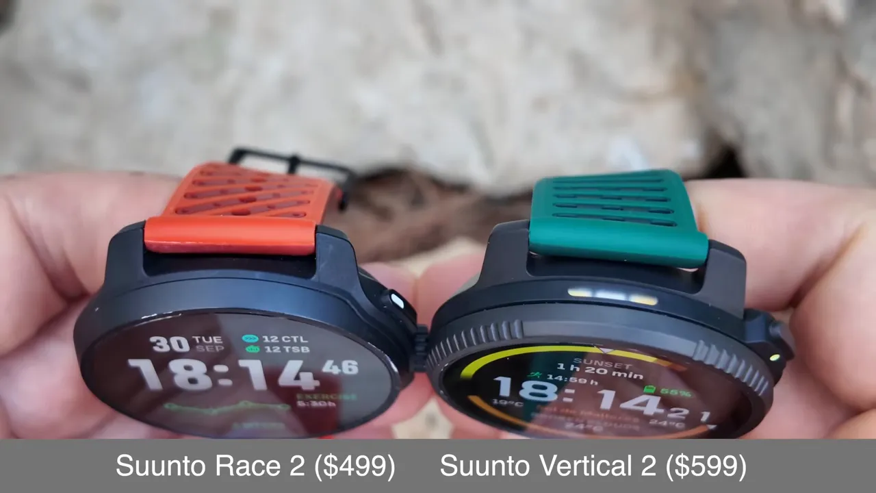 Suunto Vertical 2 beside Suunto Race 2 showing thicker metal lugs and buttons