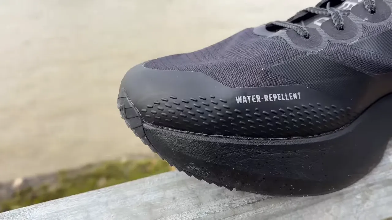 Close-up of the EVO SL ATR toe showing 'WATER-REPELLENT' text and wraparound mudguard