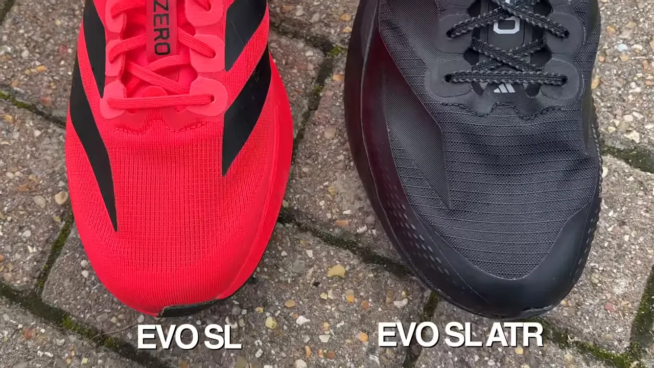 Top view of Adidas Evo SL red and Evo SL ATR black showing ripstop upper and mudguard