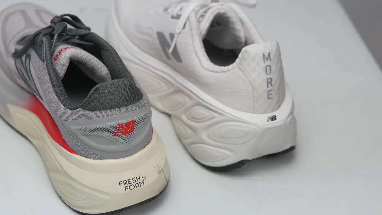 Close-up of two New Balance shoes showing the Fresh Foam X midsole and 'MORE' heel tab, highlighting heel shape