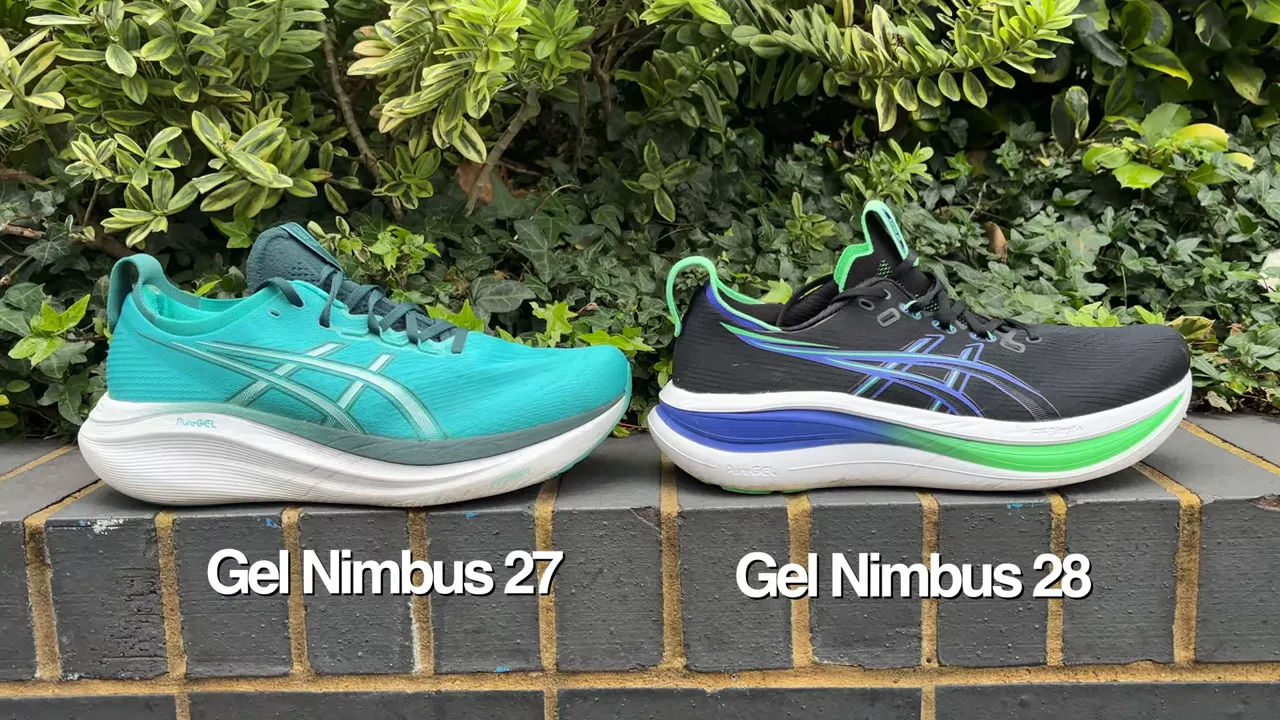 Clear side by side comparison of Asics Gel Nimbus 27 and 28 showing midsole and upper differences