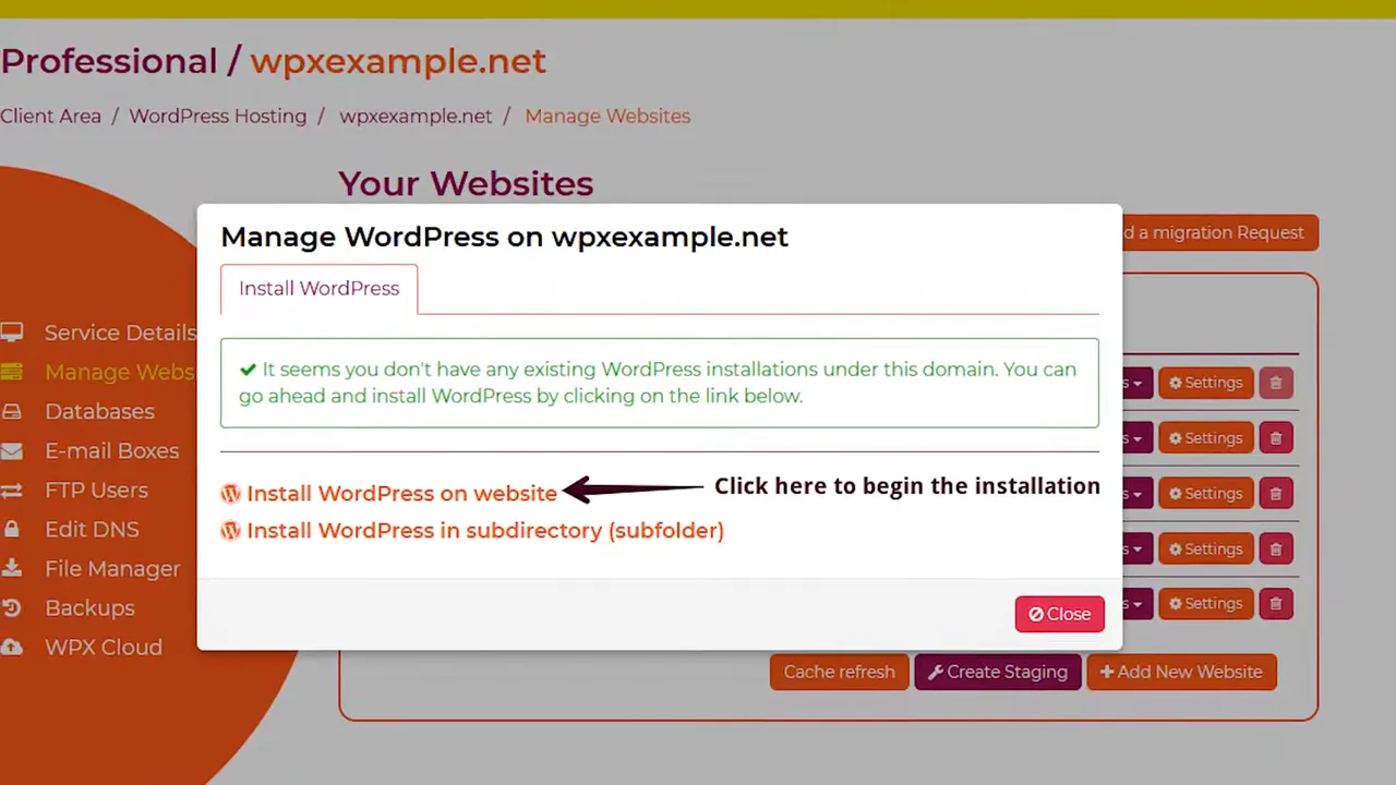 WPX custom dashboard showing one-click WordPress install