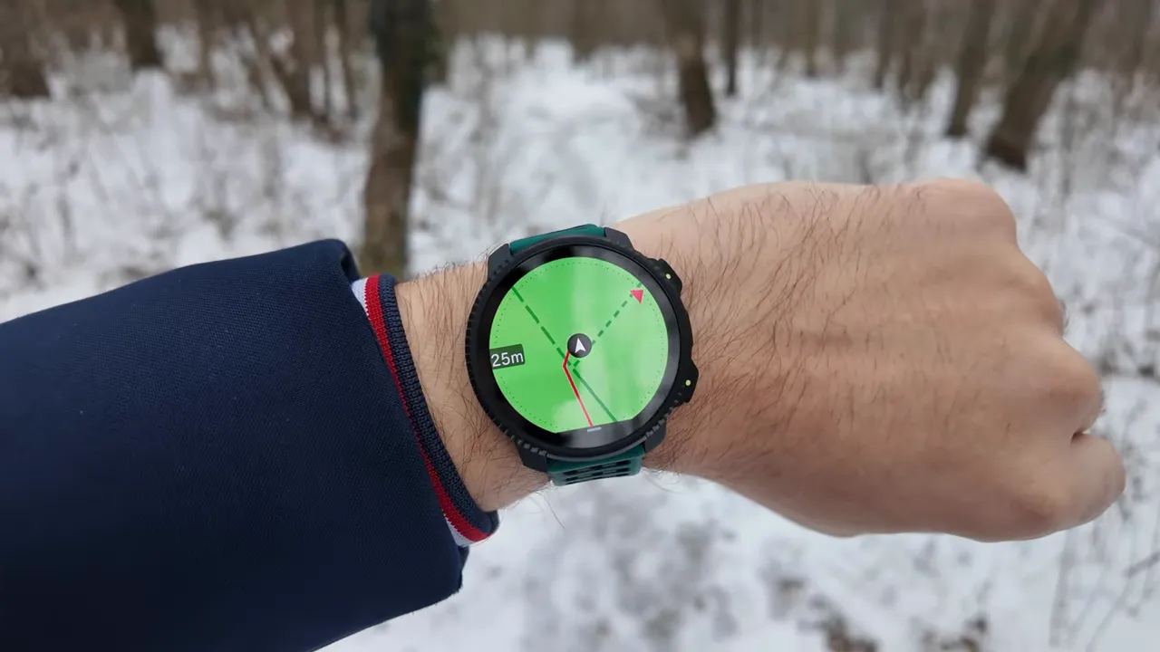 Clear Suunto Vertical 2 navigation screen showing route line, compass arrow and a 25 m distance marker on the watch face.