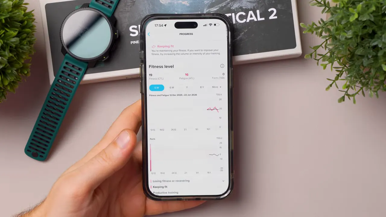 Unobstructed view of the Suunto app 'Progress' screen on a smartphone showing fitness level, TSS/CTL numbers and graphs, with a Suunto Vertical 2 nearby.