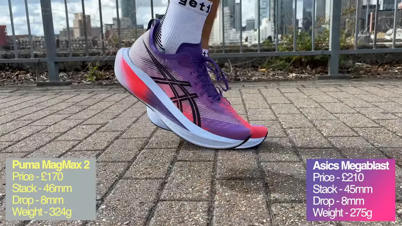 Puma MagMax 2 side view with on-screen comparison box showing Asics Megablast specs and weights