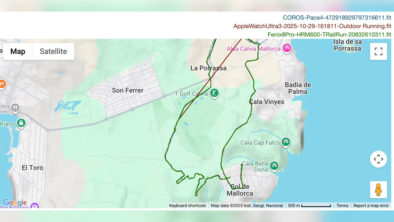 Map view with multiple GPS tracks overlaid on a coastal trail (COROS Pace 4, Apple Watch Ultra, Fenix) showing route differences and a slight clipping at a corner.