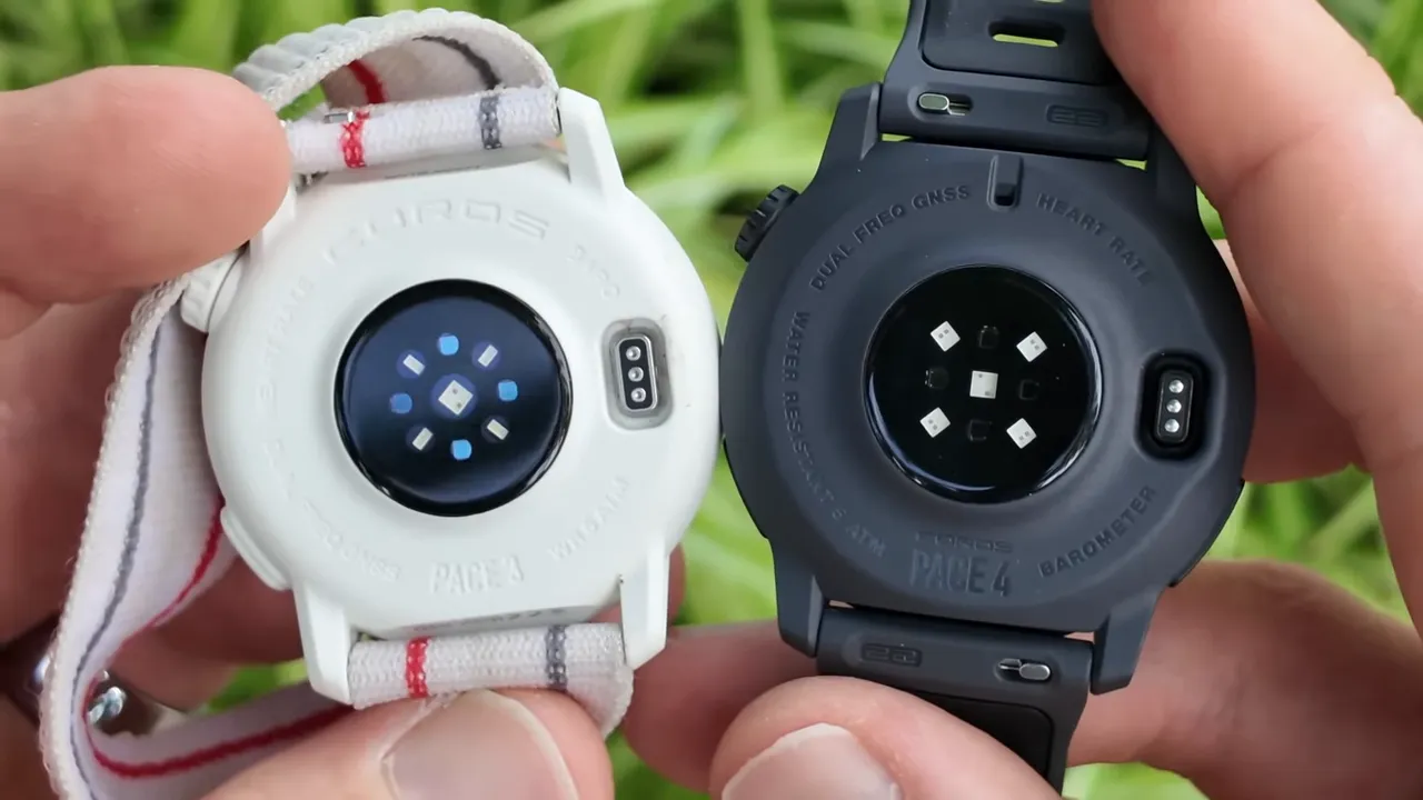 Back-to-back comparison of two COROS watches showing the optical heart rate sensors on the Pace 3 (white) and Pace 4 (black).