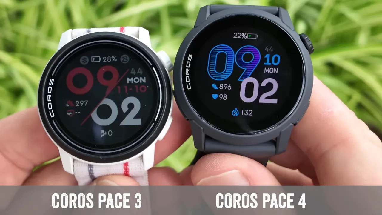 Close-up comparison of COROS Pace 3 and COROS Pace 4 watch faces showing the brighter AMOLED display on the Pace 4.