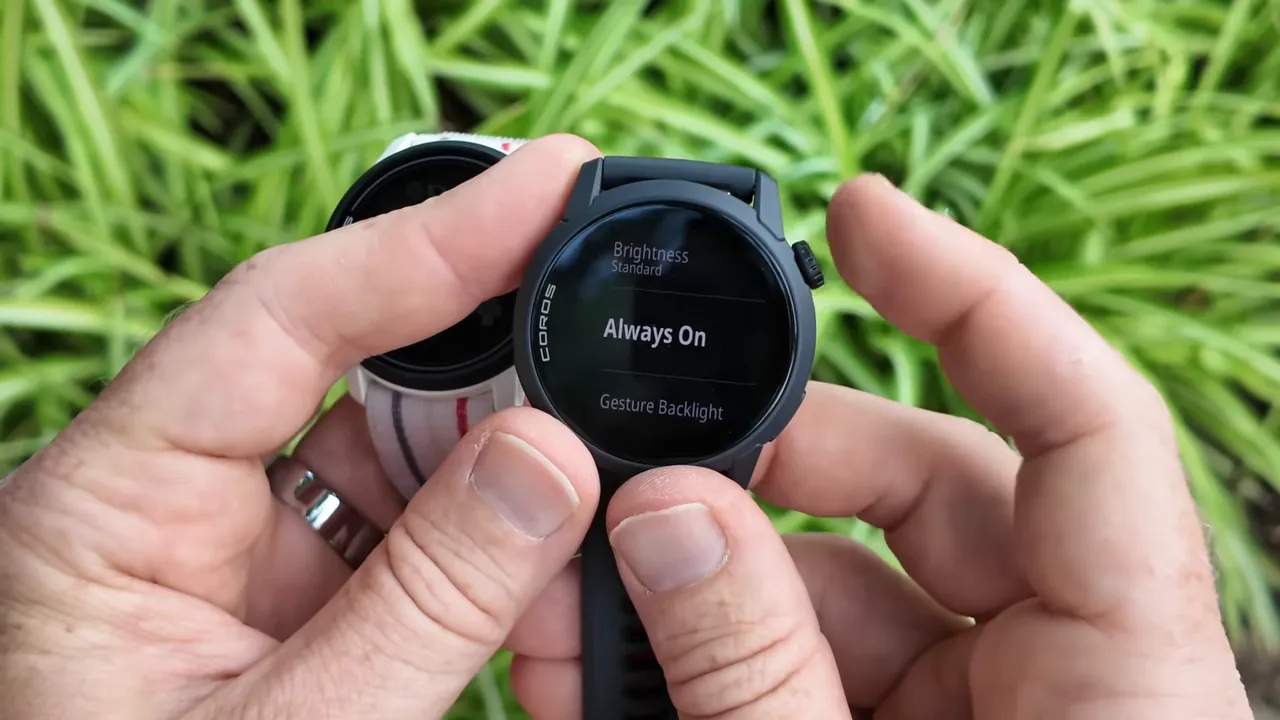 Close-up of COROS Pace 4 watch showing display settings with the 'Always On' option highlighted.