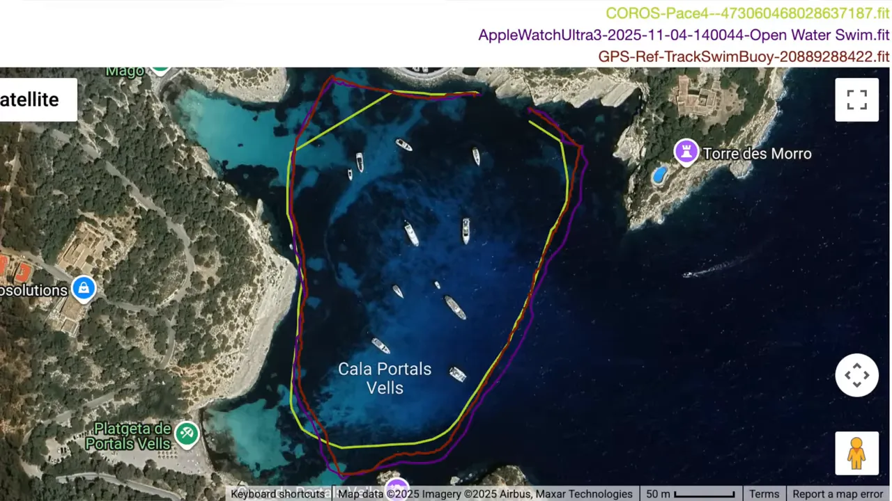 Satellite map of Cala Portals Vells with colored GPS tracks overlaid to compare device accuracy (COROS Pace 4, Apple Watch Ultra 3, reference track).