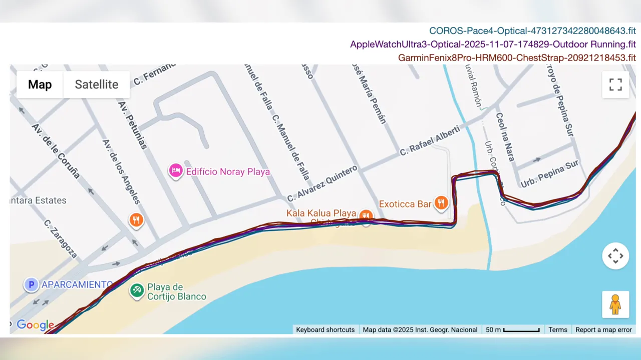 Close-up map of a beach section with multiple GPS traces tightly grouped and a corner where one track clips slightly inland.