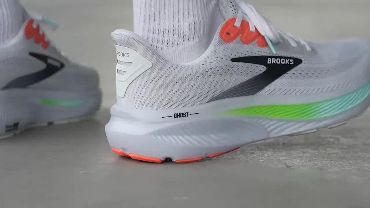 Brooks Ghost 17 on-foot side view showing the heel, midsole and 'GHOST' branding