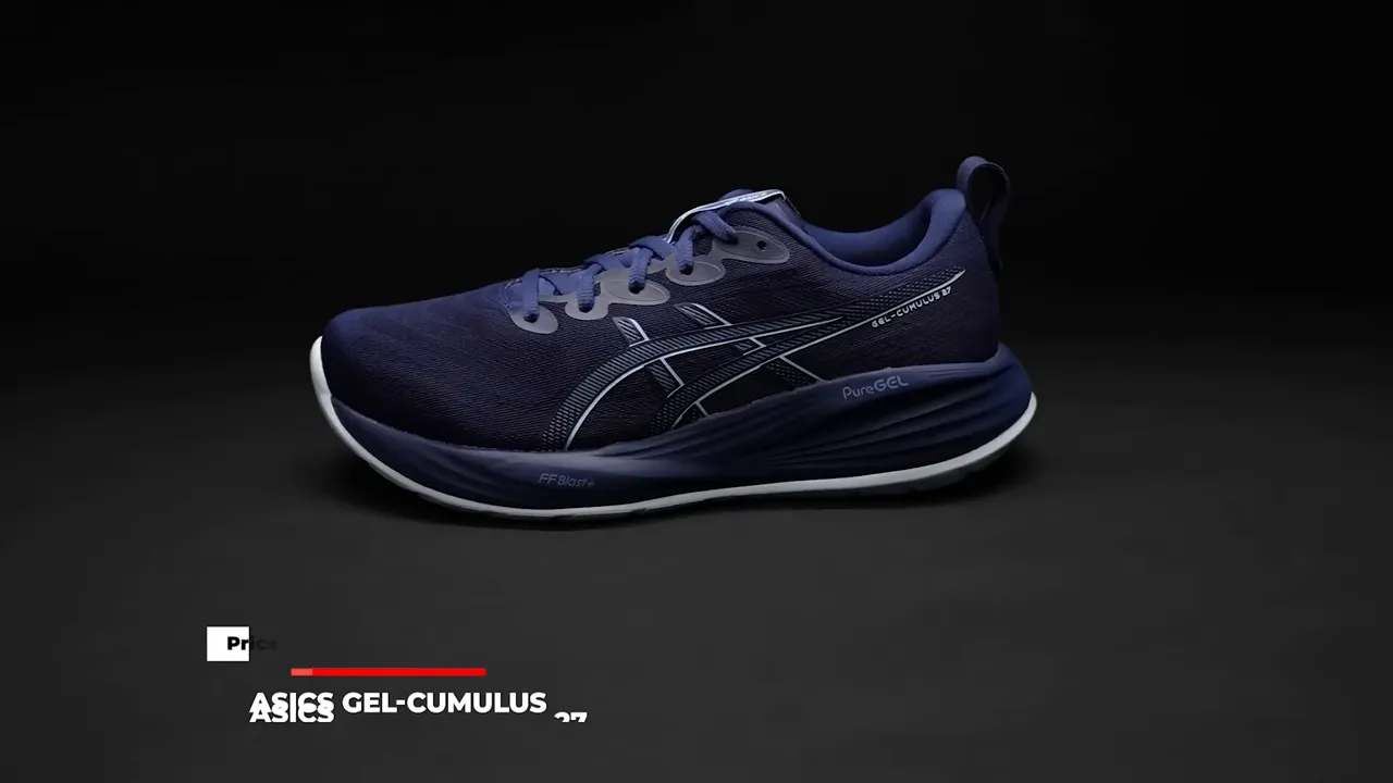 Side profile studio shot of the Asics Gel‑Cumulus 27 in navy on a black background