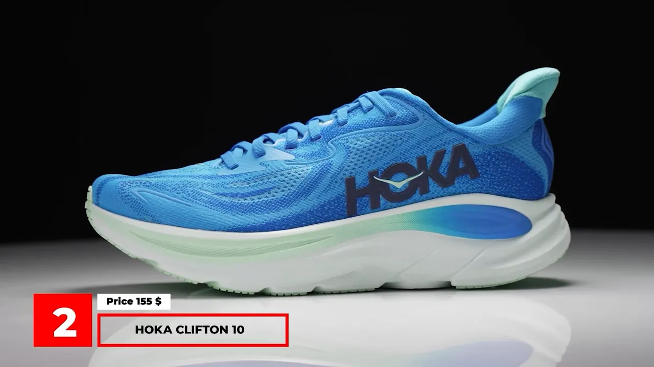 Hoka Clifton 10 side profile in blue showing thick cushioned midsole and HOKA branding
