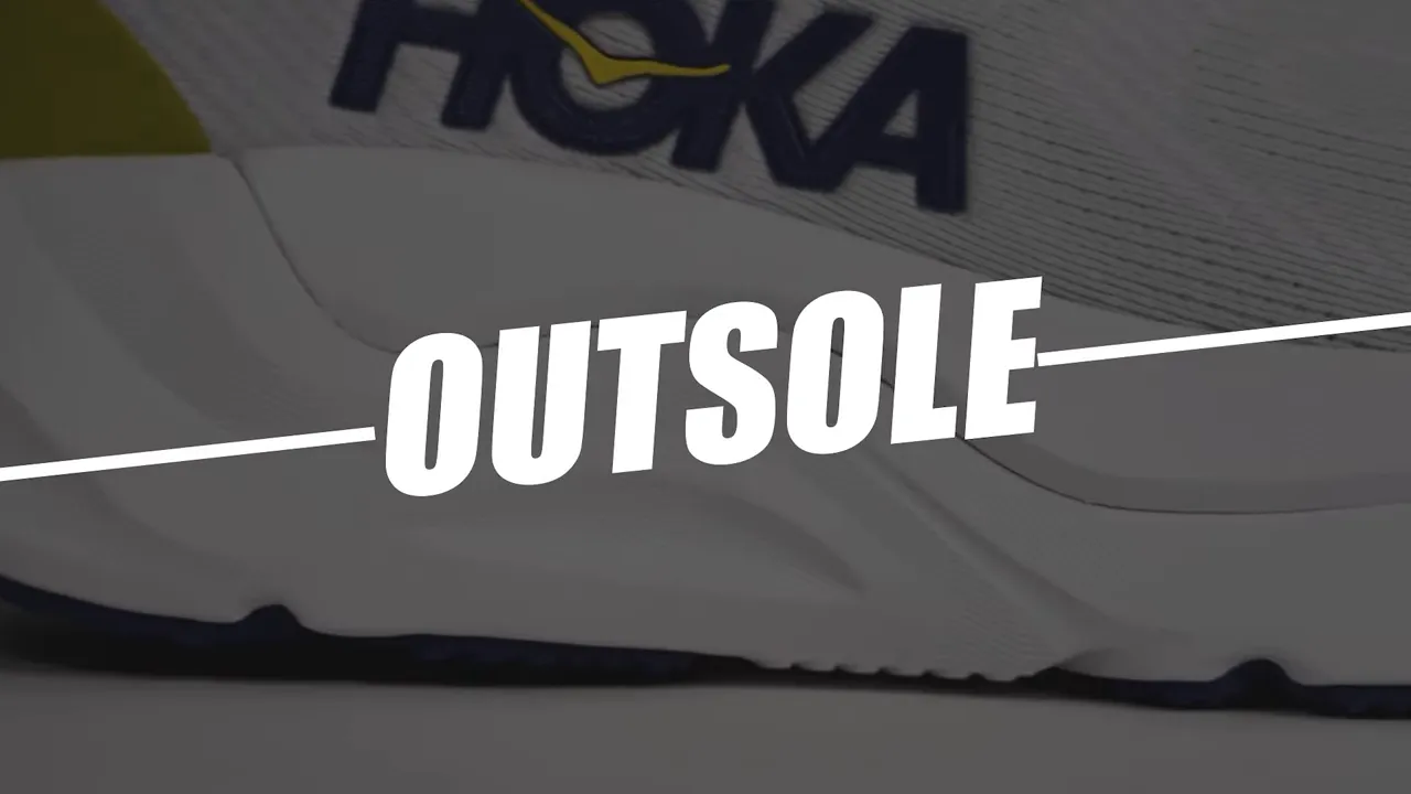 Close-up side view of a Hoka shoe midsole and outsole with 'OUTSOLE' title overlay