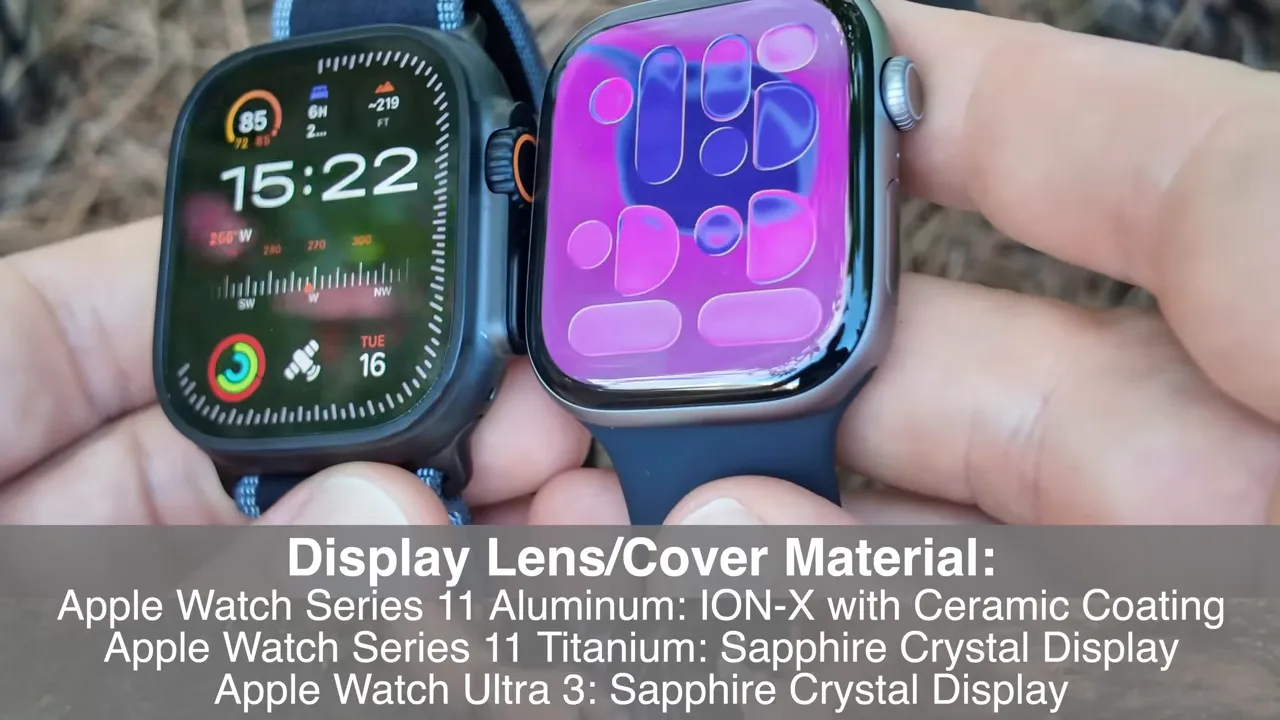Ultra 3 and Series 11 displays side-by-side showing sapphire on Ultra and Ceramic Shield on Series 11