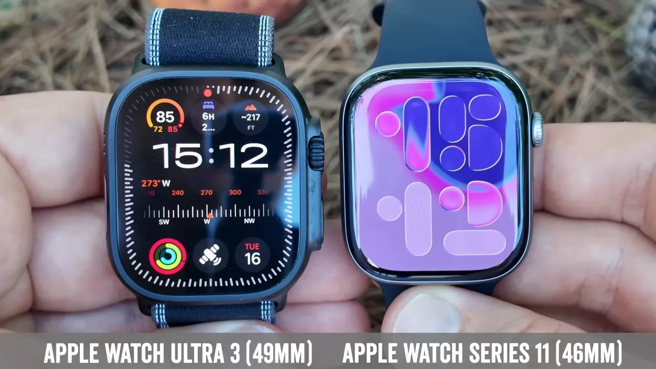 Three case sizes lined up: 49mm Ultra, 46mm and 42mm Series 11
