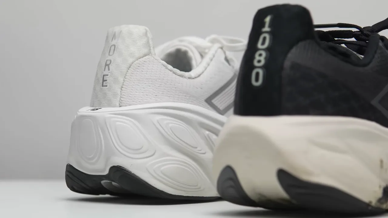 Rear view close-up of the New Balance More v6 heel and midsole showing stack height and sculpted Fresh Foam X