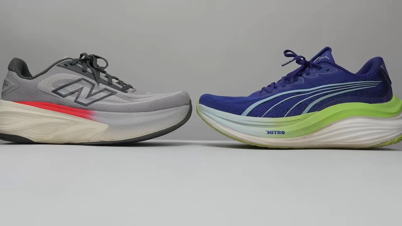 side-by-side profile of New Balance More v6 and Puma MagMax running shoes